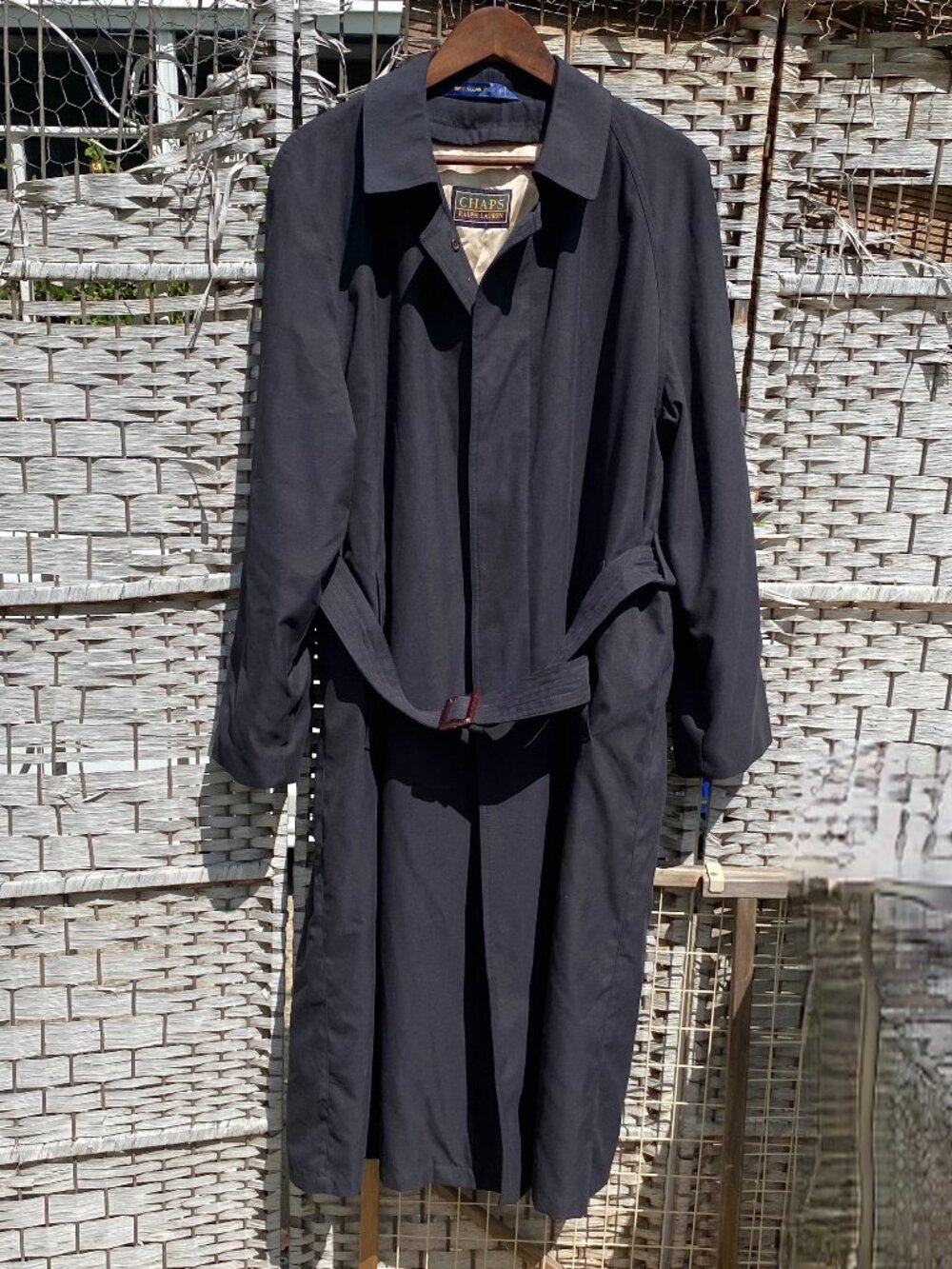 Vintage Chaps Ralph Lauren Belted Country Trench Coat Black Wool Removable Liner